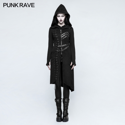 PUNK RAVE Asymmetric Diagonal Hem Women's Long Sweater Coat With Hoods Y-792