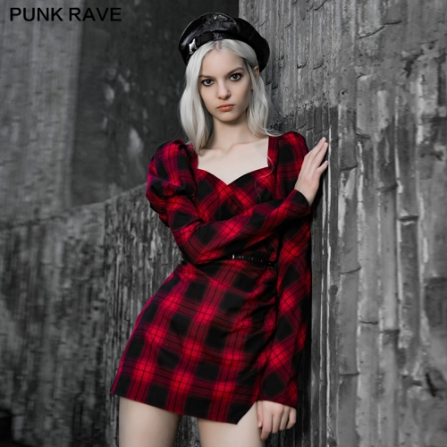 Red And Black Plaid With Princess Sleeves Dress OPQ-735LQF