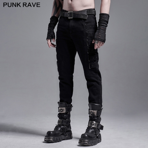punk black woven elastic trousers