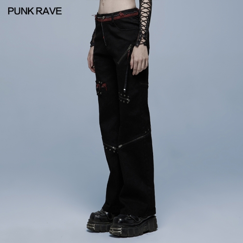 Stylish punk black and red straight pants WK-489XCF