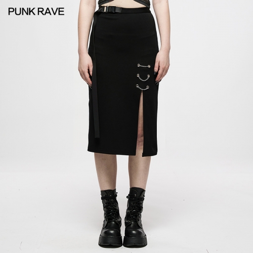 Dark Minimalist Chain-Embellished Long Skirt WGQ-001BQF
