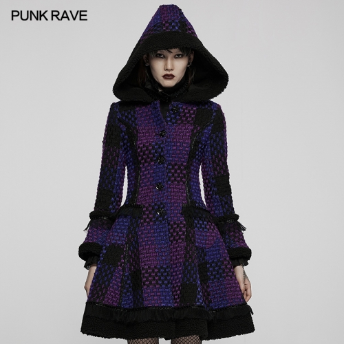 Punk Rave High Elastic Washing Denim Fabric High Waist Fit Micro Flare Cutting Gothic Square Neck Fitted Hooded Long Dress Coat WLY-102ECF