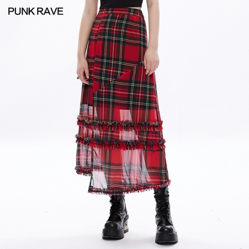 Dark Red Plaid Chiffon Medium Length Skirt OPQ-1285BQF