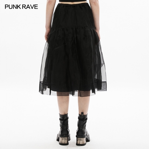 Dark Two Wear Organza Layer Mesh Slip Dress Half Skirt