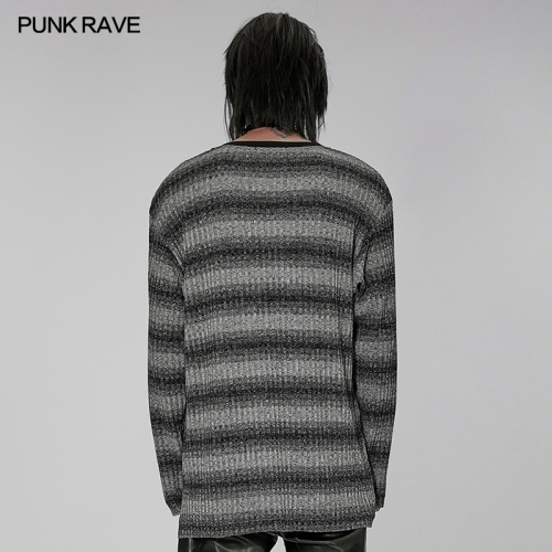 Men Punk Multi Color Daily Simple And Loose Stripe Knitted Sweater Black-Gray WT-735TCM