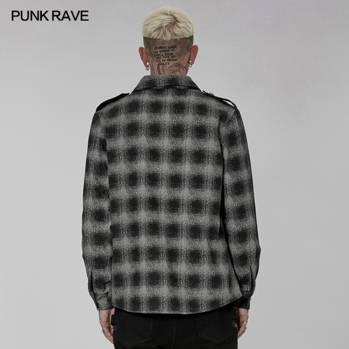 Men Autumn Winter New Collections Punk Fashion Black Gray Plaid Shirt WY-1427CCM