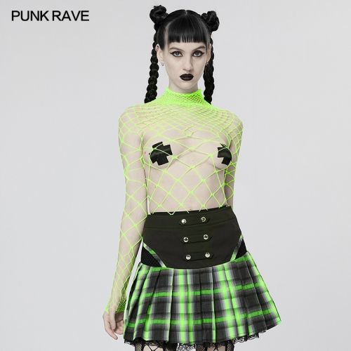 Punk Fluorescent Green One-Piece Mesh T-shirt Sexy Gauze Hollow-out Knitted Top WT-782TCF