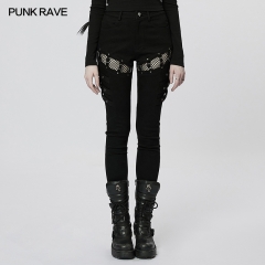 Punk Sexy Mesh Hollow Out Perspective Tight Elastic Denim Long Pants WK-532XCF