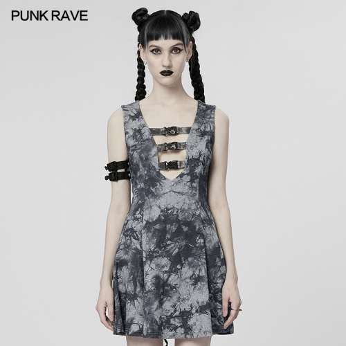 Cyberpunk Tie-Dyed Sleeveless Dress Hot Girl Sexy Hollow Out Velvet Strap Collet Waists A-shaped Skirt WQ-603LQF
