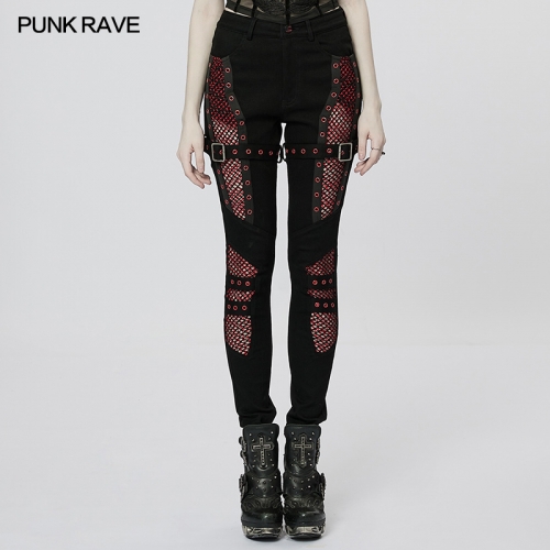 Punk Sexy Mesh Hollow Out Black-Red Splice Eyelets Denim Tight Pants WK-538XCF
