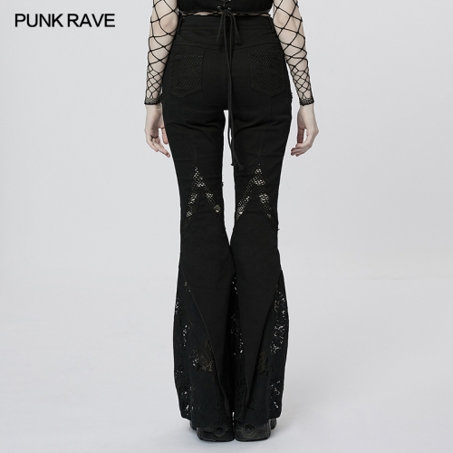 Goth Denim Embroidery Splicing Lace Mesh Perspective Sexy Slim Tight Flared Long Pants WK-535XCF