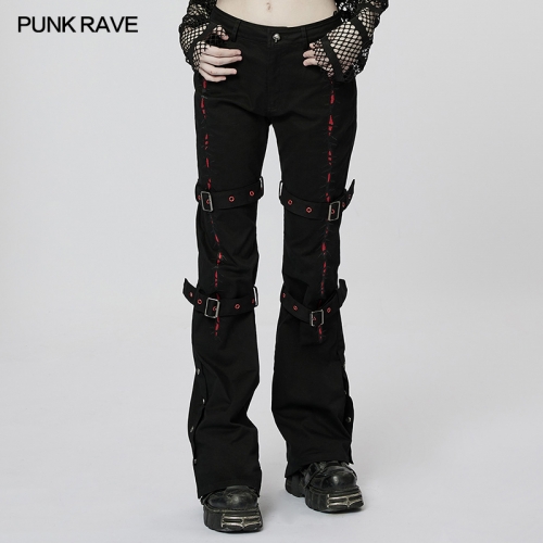Cool Girl Personality Punk Dark Red Line Embroidered Slim Flared Pants WK-543XCF