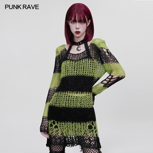 Punk Contrast Color Irregular Broken Hole Thin Knitted Pullover Sweater WM-072DYF