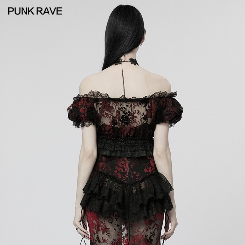 Gothic Sexy Lace Flocking Mesh Bubble Sleeves T-Shirt WT-775TDF