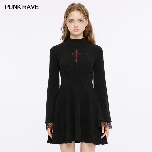 Darkness Embroidered Cross Velvet A-Line Dress OPQ-1321LQF