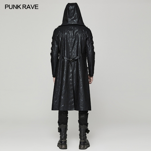 Handsome Punk Heavy Industry Hooded PU Zipper Long Jacket WY-1471XCM