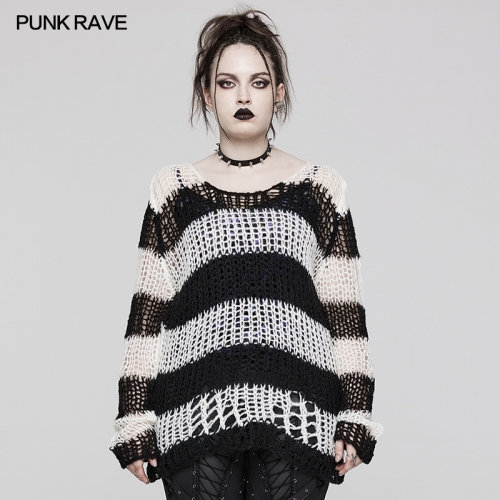 Punk Rave Decayed Pullover WM-072DYF BK-WH and Black Sweater