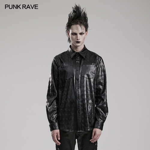 Punk Rave WY-1550CCM Snap Buttons Patch Pockets On Chest Elastic Skull Pattern Rubberized Material Goth Skull Embossed Pu Shirt