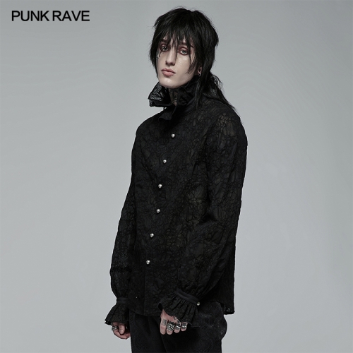 PUNK RAVE Gothic Dark Textured Shirt WY-1381XCM  Men's Black Lace Shirt With Tie Ruffle BlouseGents' Fine Shirts