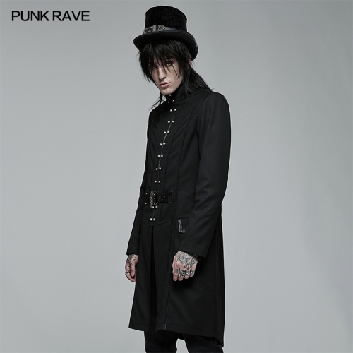 Punk Rave WY-1371XCM Goth Handsome Men Medium Length Coat Black Skeleton Embroidered Zipper Jacket