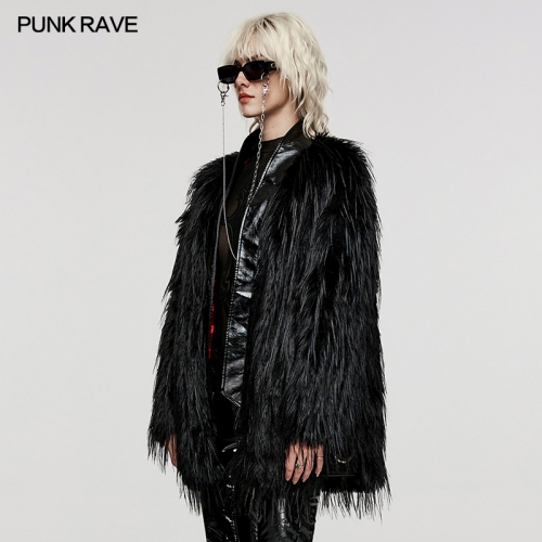 PUNK RAVE WY-1499DQF Women Fashion Faux Fur Coat Ladies Winter Elegant Noble Mid Length Thick Faux Fur Coat