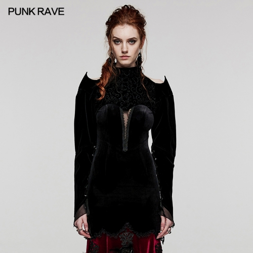 Punk Rave WY-1522XDF Drawstring Hollow Pointed Design Stand Up Collar And Leg-Of-Mutton Sleeves Jacquard Fabric And Velvet Gothic Bolero