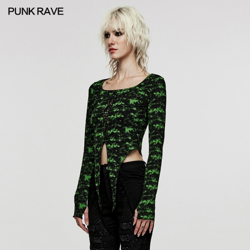 Punk Rave Unique Irregular Pointed Hem Decent Square Neck Design Elastic Knitting Fabric Punk Daily T-Shirt