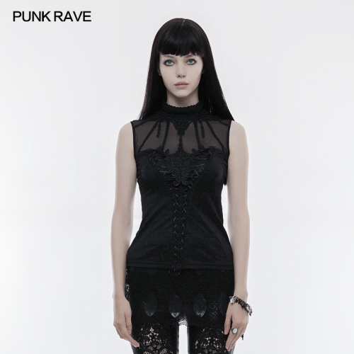 Punk Rave WT-496BXF Collar With Fringed Lace Knitted Jacquard Fabrics Gothic Gorgeous Sleeveless T-Shirt