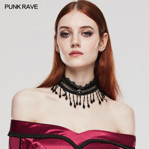 Punk Rave WS-581LHF Sexy Mesh Webbing Spliced With Exquisite Rose Lace Goth Pearl Tassel Choker
