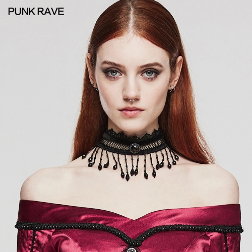 Punk Rave WS-581LHF Sexy Mesh Webbing Spliced With Exquisite Rose Lace Goth Pearl Tassel Choker