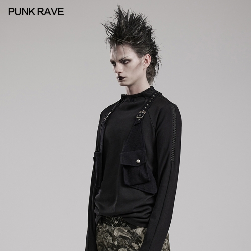 Punk Rave Pockets Vest Knitted Fabric And Cracked Leather Punk Strap Bag