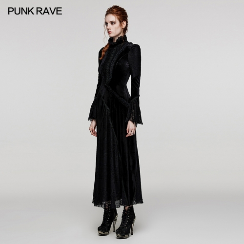 Punk Rave WQ-661LQF Ruffled Standing Collar With Flared Sleeves Elastic Velvet And Lace Gothic Daily Dress