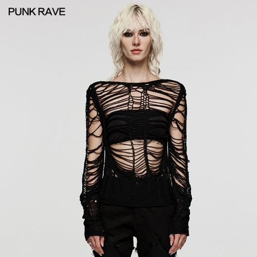Punk Rave WM-078TMF Unique Weaving Structure Woven Soft Wool Fabric Decadent And Personalized Punk Sexy Hollow Short Sweater