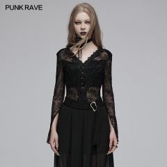 Punk Rave OPT-853TCF Eyelash Lace Trim With Cross-Stitched V-Neck Slimming Fit Gothic Lace Sexy T