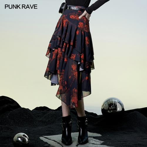 Punk Rave OPQ-1138BQF Revealing The Slender Ankle Small A-Shape Warning Series High Waist Chiffon Print Skirt