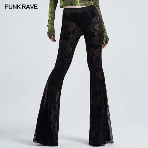 Punk Rave WK-445XCF Printed Python Texture Rubber Band Dark Grain Abstract Jacquard Mesh Cloth Black Gothic Dark Fringe Flared Trousers