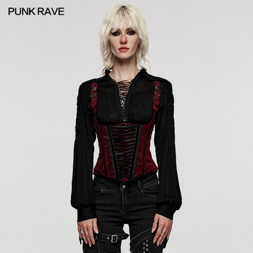 Punk Rave Back Drawstrings Adjustable Shoulder Loop Rose-Patterned Laser Horse Faux Wool Fabric Goth Corset