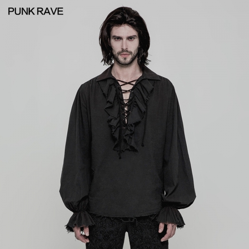 Punk Rave WY-873CCM Eyelets Drawstring Design Inelastic Imitation Linen Fabric Steampunk Long Sleeve Shirt