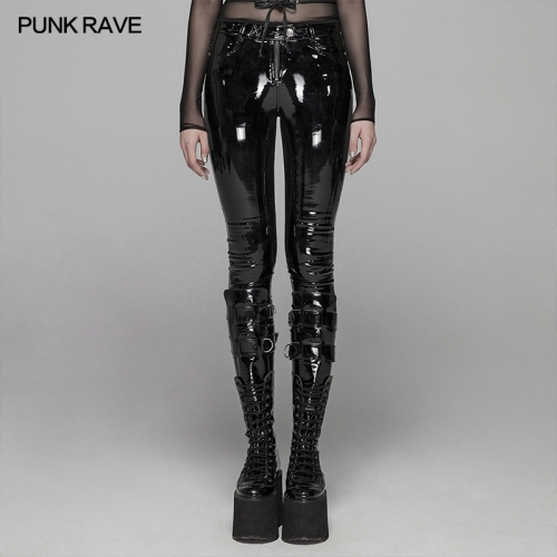 Punk Rave Simple Styling Tight Version Placket Zipper Buckle Loop Punk Patent Leather Pants