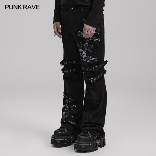 Punk Rave WK-590XCM Distinctive Skull Printing Stretch-Twill And Distressed Mesh Punk Printed Trousers