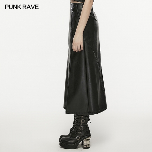 Punk Rave OPQ-1399BQF Invisible Zipper Oblique Slit Line A-Line High Waist Split Faux Leather Skirt