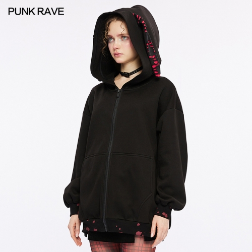 Punk Rave Long Bunny Ear Hat Loose Medium Length Plush Print Zippered Sweatshirt
