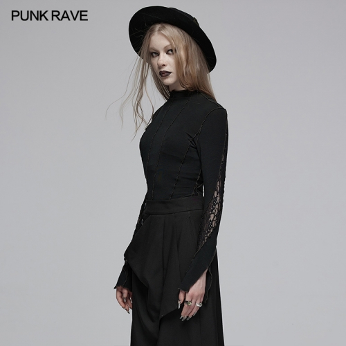 Punk Rave Small Standing Collar 3d Wave Edge Lace Splicing With Soft Knitted Fabric Long Sleeve T-Shirt