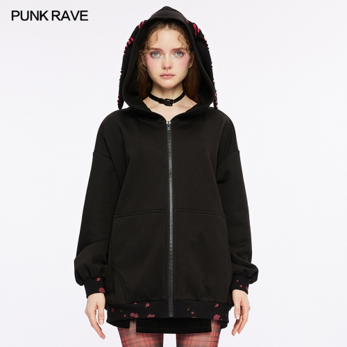 Punk Rave Long Bunny Ear Hat Loose Medium Length Plush Print Zippered Sweatshirt