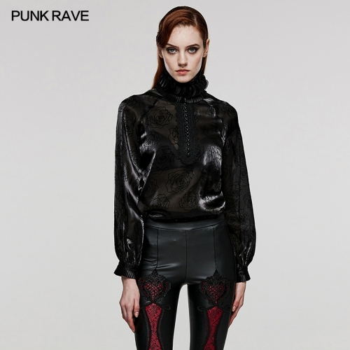 Punk Rave Noble And Gorgeous Rich Design Details Collar Raglan Lantern Sleeves Rose Flocked Mesh Fabric Goth Gorgeous Shirt