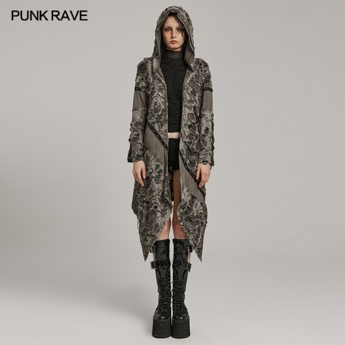 Punk Rave WY-1586ZCF Loose Long Trench Coat Design Elastic Tie-Dyed Tattered Texture Knitted Fabric Wasteland Punk Decayed Coat