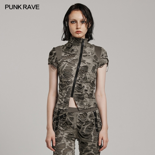 Punk Rave Cool Cross-Cut Design Fit Slim And Decayed Punk Style Design Wasteland Punk T-Shirt