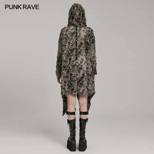 Punk Rave WY-1586ZCF Loose Long Trench Coat Design Elastic Tie-Dyed Tattered Texture Knitted Fabric Wasteland Punk Decayed Coat
