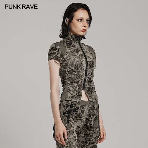 Punk Rave Cool Cross-Cut Design Fit Slim And Decayed Punk Style Design Wasteland Punk T-Shirt