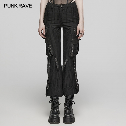 Punk Rave WK-596XCF Irregular Geometric Pattern Panels Movable Eyelet Webbing Design Cool Techwear Trousers